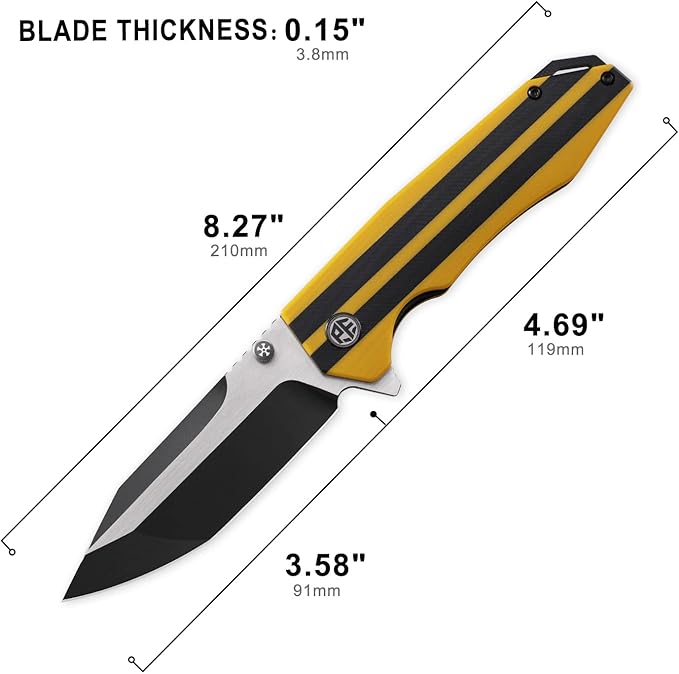 Petrified fish PFP08 Mocado Pocket Knife3.58 K110 Steel Black Stonewashed Blade 5.64oz G10 Handle Flipper Liner lock Folding knife (Yellow Black Stonewashed)