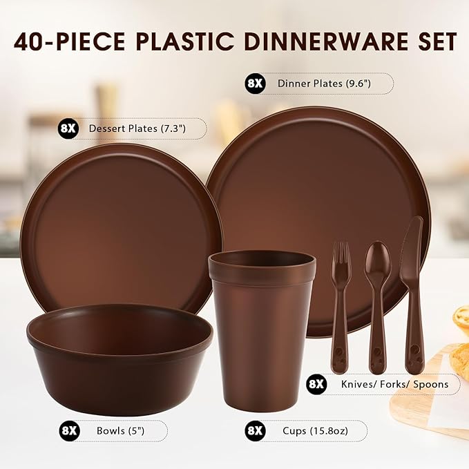 40 Piece Plastic Dinnerware Set for 8 with Cutlery Unbreakable Plates and Bowls Set Dishwasher &amp Microwave Safe Reusable Dish Set for Camping RV Outdoor Kitchen Apartment Dining Brown