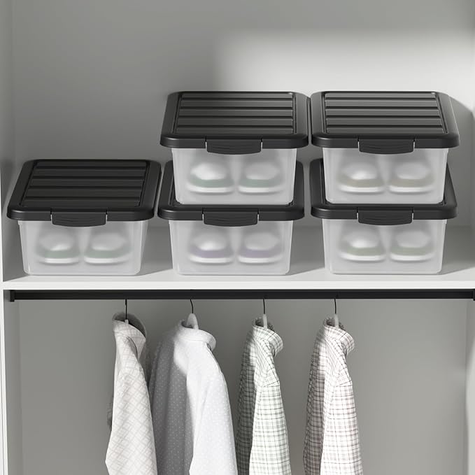 14 L Clear Storage Box with Black Lid Plastic Stackable Container Organizer Medium-14 Quart 2 Packs