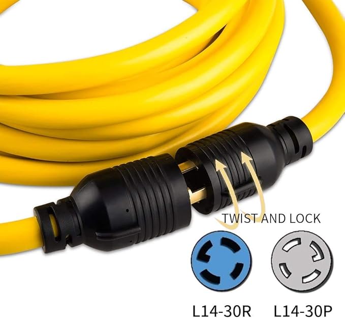 40FT Heavy Duty Generator Locking Power Cord NEMA L14-30P/L14-30R4 Prong 10 Gauge SJTW Cable 125/250V 30Amp 7500 Watts Yellow Generator Lock Extension Cord with UL Listed