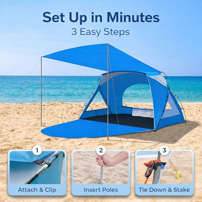 Beach Tent Portable Sun Shelter for 2/3/4/6-8 Person with UPF 50+ UV Protection Easy Setup Waterproof Beach Shade Canopy Cabana for Family Outdoor and Picnics Fishing with Carrying Bag