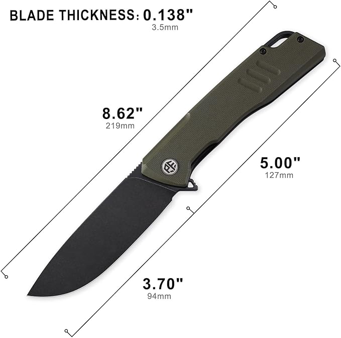 Petrified fish PFB02 Loco Pocket Knife 3.70 D2 Satin Blade Camping Knife 5.29oz G10 Handle Flipper Liner lock Folding knife for EDC (Green Black Stonewashed)