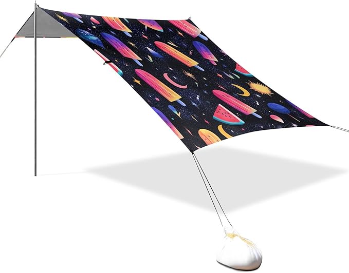 ALAZA Rainbow Popsicle Watermelon Moon Beach Tent Sun Shelter UPF50+ Protection Beach Shade Canopy w/ 4 Sandbags for Outdoor Camping Fishing Backyard Fun Picnic 10x9 ft