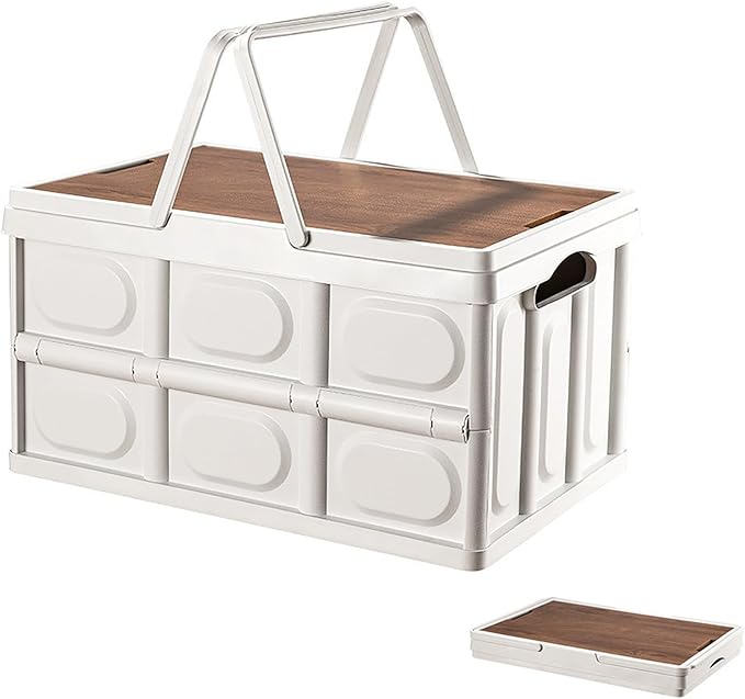 VPTMRP Collapsible Storage Bin with Handles and Wooden Lid Large Capacity Stackable Utility Crates Holds 33lbs for Outdoor Home Storage Organizing Moving (55L/14.5Gal)