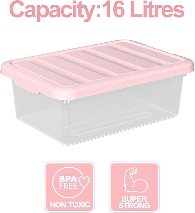 Set of 2 Clear Plastic Storage Organizer Bins with Pink Lids 14 Quart Versatile Organizer Container Boxes for Home Office and Garage