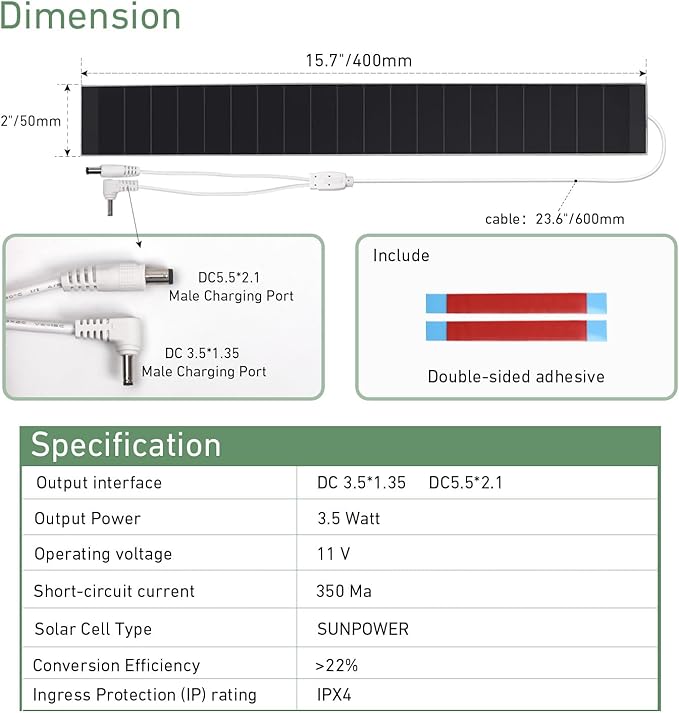 Solar Panel Charger for Motorized Blinds - 11V 3.5W Ll-ion Shade Solar Charger - Dual Connector(DC3.5 * 1.35mm &amp DC5.5 * 2.1mm) - Compatible with DC7.4V Battery Motors - Not for 5V Devices