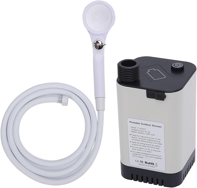 EVGATSAUTO Camping Shower with Rechargeable Battery 2m Hose ABS Construction - for Camping Hiking Traveling