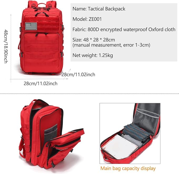 45L Military Tactical Backpacks Molle Army Assault Pack 3 Day Bug Out Bag Hiking Treeking Rucksack (Red)