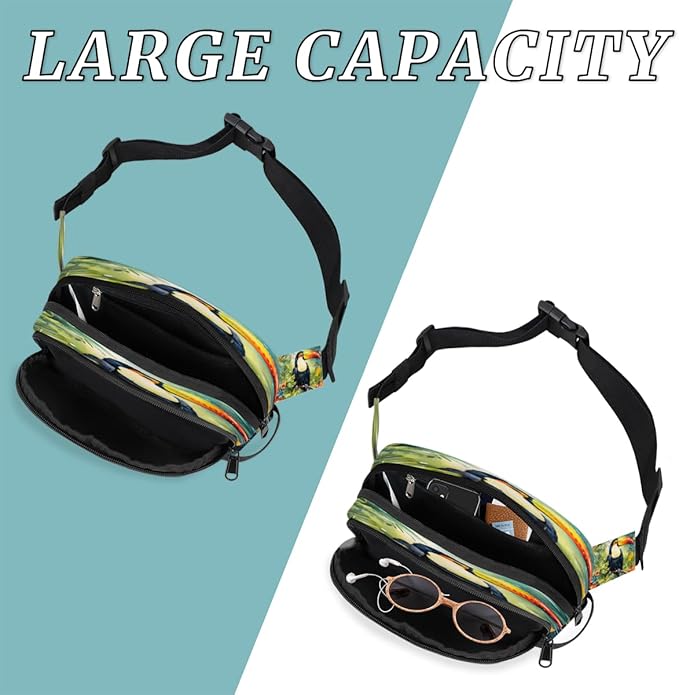Tropical Leaf Flower Parrot Watercolour Waterproof Fanny Pack for Women Men Adjustable Waist Bag with Double Zipper Pockets Lightweight Square Hip Pack for Running Travel Hiking Workout Cycling