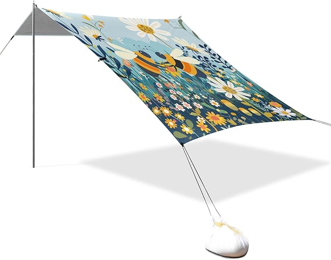 ALAZA Bees Daisy Flowers Beach Tent Sun Shelter UPF50+ Protection Beach Shade Canopy w/ 4 Sandbags for Outdoor Camping Fishing Backyard Fun Picnic 10x9 ft