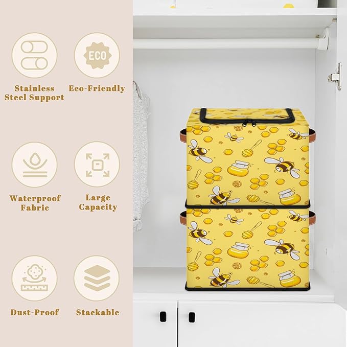 KOBLEN Animal Bee Pattern Storage Basket Collapsible Rectangular Storage Bins with Zipper Lid Handle Closet Shelf Cloth Organizer Basket for Nursery Bedroom Clothes Toy