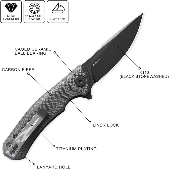 Petrified fish PF949X Warrior2.87 K110 Sand blasting Blade71g Ceramic ball bearing Pocket knife (Carbon Fiber Black Stonewashed)