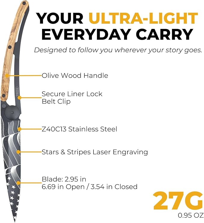 deejo - 27G Folding Pocket Knife with Belt Clip - Stars and Stripes Design 2.95-Inch Stainless Steel Blade Black Titanium Finish Olive Wood Handle - Lightweight EDC for Home Work and Outdoor Use