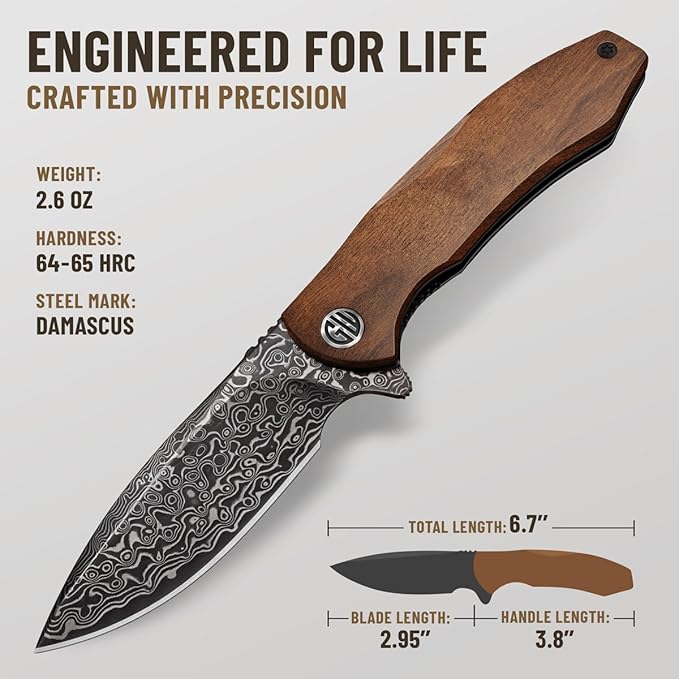GOOD WORKER Folding Pocket Knife – Damascus Blade Guibourtia Wood Handle – Elegant Gift-Ready EDC Knife with Deep Carry Clip Legal in All States - Gifts for Men - 6700 D