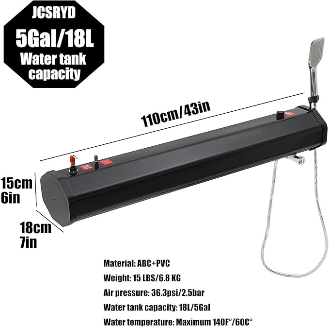 5/5.3/8 Gallon Pressurized Water Tank for Camping Shower Roof Rack Solar Camping Shower 140F° Water Storage for Trucks &amp Off Road Vehicles