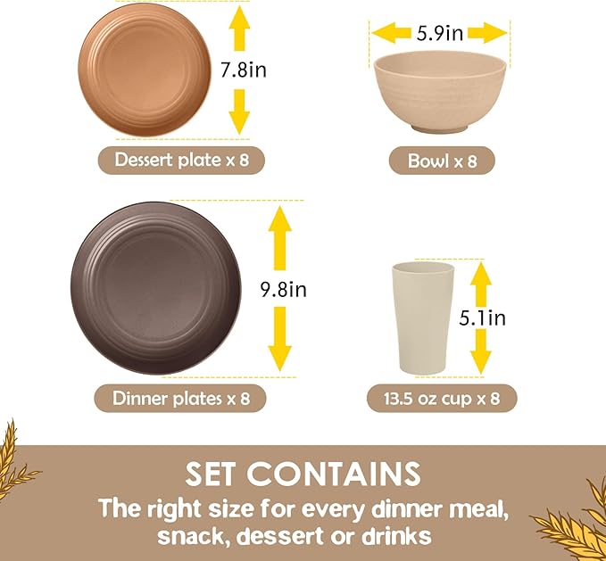 Teivio 32-Piece Kitchen Plastic Wheat Straw Dinnerware Set Service for 8 Dinner Plates Dessert Plate Cereal Bowls Cups Unbreakable Colorful Plastic Outdoor Camping Dishes Desert