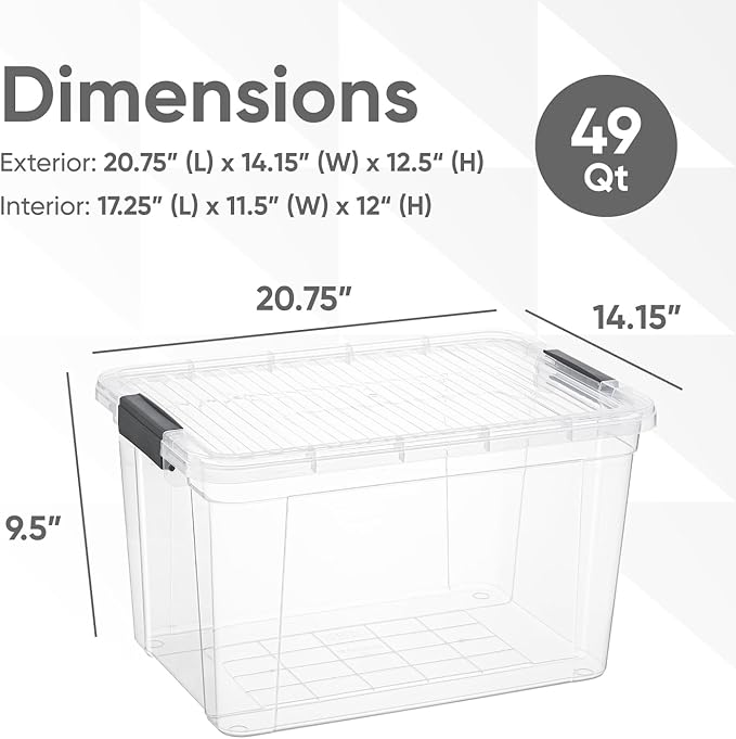 Superio Clear Storage Box with Lid 49 Quart Plastic Container Bins for Organizing Stackable Crates BPA Free Non Toxic Odor Free Organizers for Home Office School and Dorm