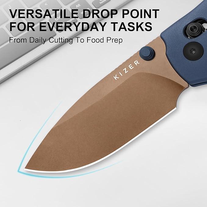 Kizer C01C 2.9 CD Sheepdog Pocket Knife 2.95 Elmax Drop Point Blade Folding Knife with Blue Aluminum Handle EDC Knives with Thumb Stud Small Camping Survival Knives Ki3488.29CDA1