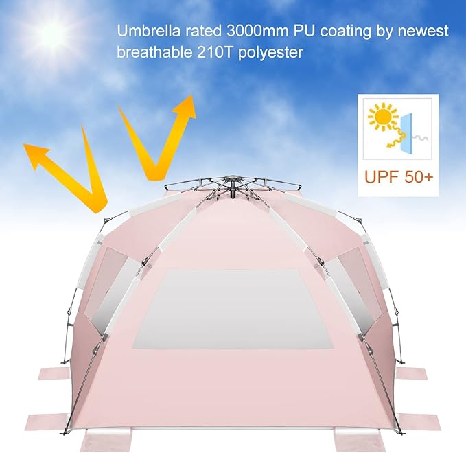 Oileus XX-Large Pop Up Beach Tent Sun Shelter for 5-6 Person Portable Sun Shade Instant Tent for Beach with Carrying Bag Stakes 6 Sand Pockets Anti UV for Fishing Hiking Camping Pink