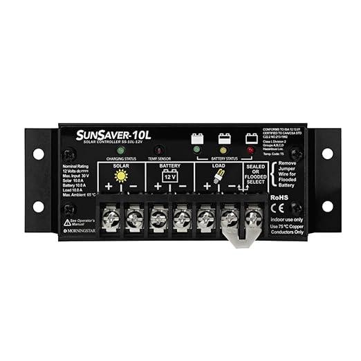 Morningstar SunSaver 10A PWM Solar Charge Controller (SS-10L-12V) - Solar Panel Regulator for 12V batteries Four Stage Battery Charging LVD HazLoc Rated Low Noise 5 Year WTY - Designed in the USA
