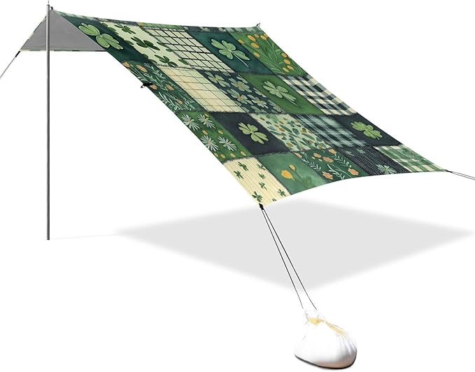 St Patrick's Green Plaid Beach Tent Sun Shelter Set UPF50+ UV Protection 10.5 x 9.19 FT Camping Shade Canopy with Sandbags Sand Anchors Carrying Bag and Others