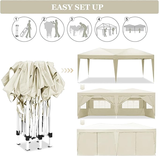 KEIKI 10'x20' Folding Canopy with 6 Removable Sidewalls Outdoor Event Shelter Gazebo Portable Tents for Parties Carport Camping Garden Patio Beige