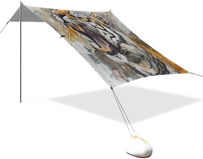 ALAZA Howling Tiger Watercolour Beach Tent Sun Shelter UPF50+ Protection Beach Shade Canopy w/ 4 Sandbags for Outdoor Camping Fishing Backyard Fun Picnic 10x9 ft