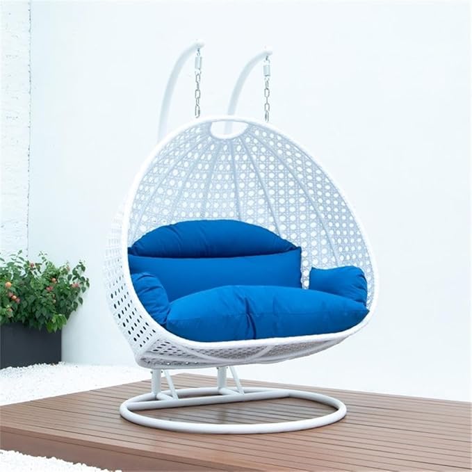 LeisureMod 2 Person Hanging Egg Chair Indoor Outdoor Patio Lounge Swing with White Stand &amp UV-Resistant Cushions Hammock Chair for Bedroom &amp Garden Blue