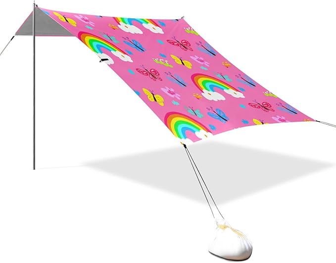 xigua Butterflies Beach Tent Sun Shelter with Carrying Bag - Silver Coated Oxford Fabric Beach Canopy for Beach Camping Fishing - Includes Windproof Ropes Sandbags &amp Stakes