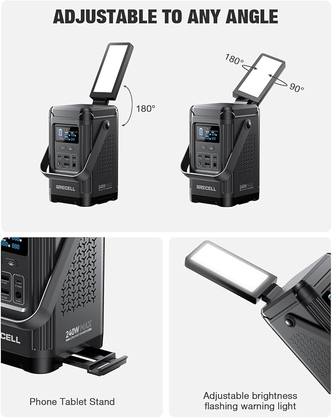 240W Portable Power Station 153.6WH Solar Generator GRECELL LiFePO4 Battery Dual Way 100W PD Portable Power Bank with Integrated Stand for Outdoors Camping Travel (No Wall Charger Included)