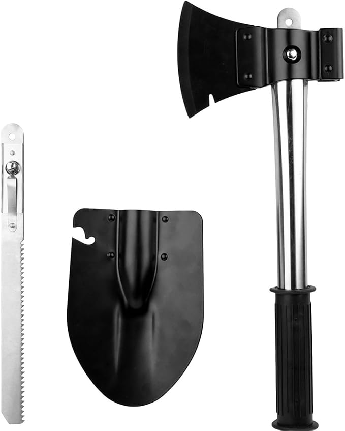 GPCT Emergency Camping Compact Tools Kit (6 In 1 Shovel Axe Knife Saw Bottle Opener Nail Puller with Pouch Tool Snap-On Rubber Handle)