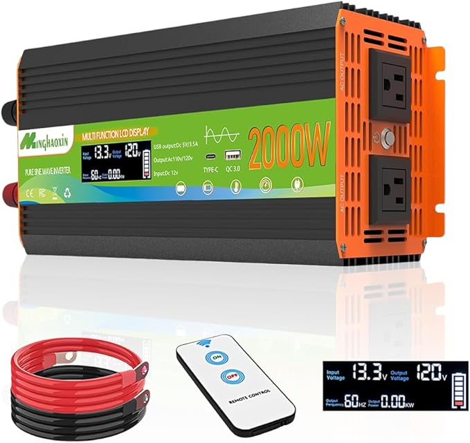 2000W Pure Sine Wave Inverter - Car Power Inverter 12V to 110VSurge 4000W Over 95% Efficiency 2 AC Outlets LCD Display 3.0 USB&ampType-C Ports Remote Control Converter for RV Home Solar Out