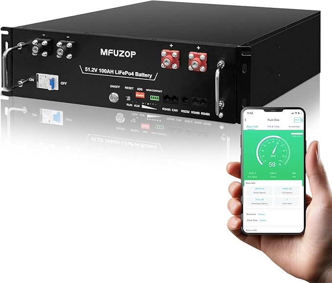48V 100Ah LiFePO4 Battery with Bluetooth App 5.12kWh Server Rack Battery with Built-in 100A Smart BMS 6000+ Deep Cycles Lithium Battery for Solar Energy Storage Off-Grid System Home Backup