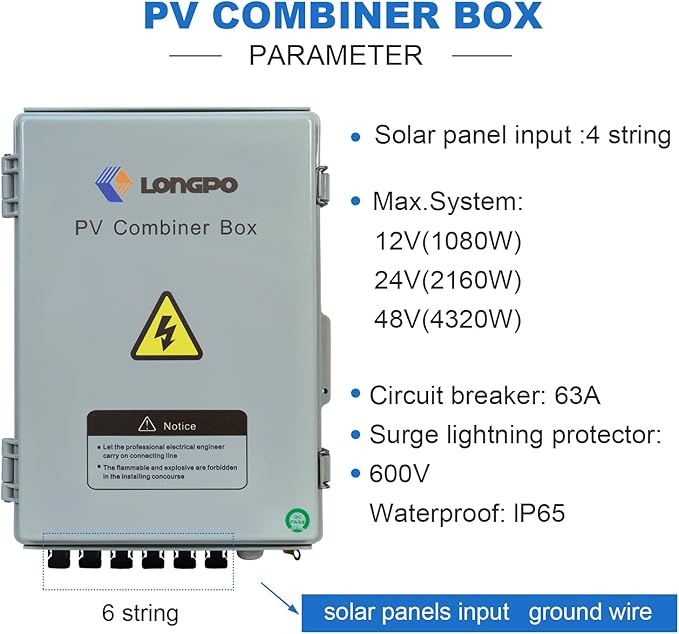 Solar 6 String PV Combiner Box with Lightning Arreste 15A Rated Current Fuse and 2P 63A Circuit Breakers for On/Off Grid Solar Panel System (6 String PV Combiner Box)
