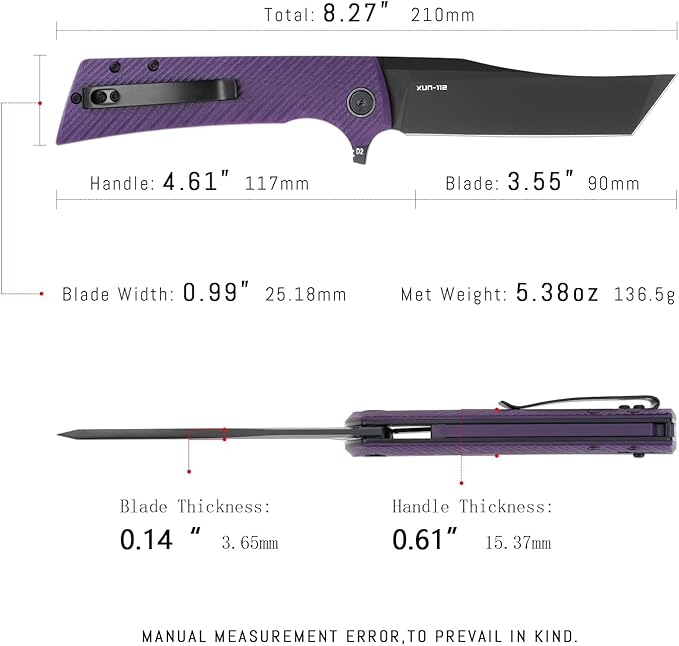 XUN112-PGB Pocketknife with Clip3.55 D2 Steel PVD Tanto Blade EDC Foldingknife For Men/WomenG10 with Flipper Open to Everyday Carry Outdoor Camping Hiking Daily Work