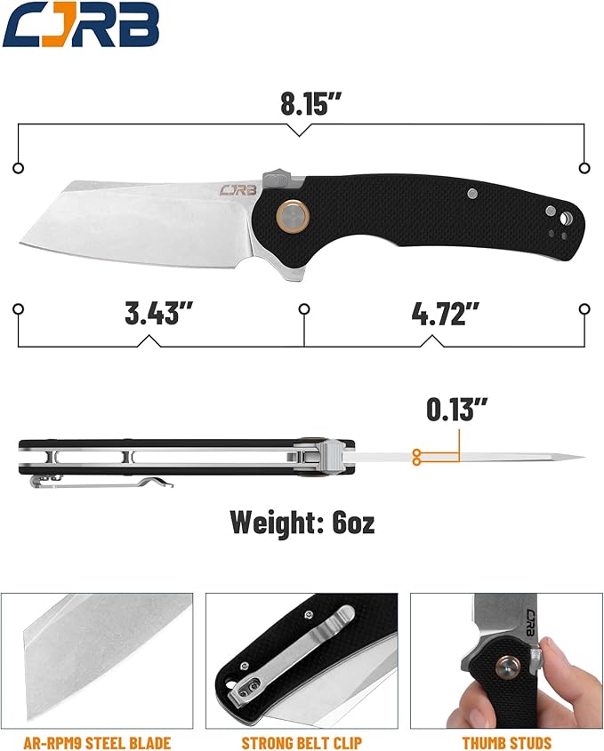 CJRB Crag Tactical Knife Cleaver Pocket Folding Knife with Stonewash AR-RPM9 Steel Blade and G10 Handle for Men Outdoor Survival Camping and EDC (J1904R)Black