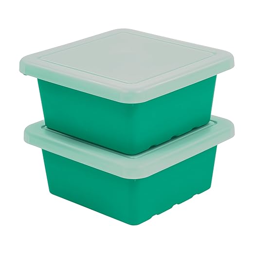 ECR4Kids Stackable Square Bins with Non-Snap Lids Multipurpose Organization Emerald 2-Pack
