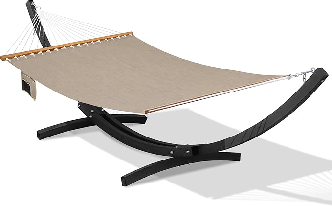 Lazy Daze Hammocks 12 FT 2 Person Double Quick Dry Olefin Blend Hammock with Curved Steel Heavy Duty Stand for Outside Backyard Patio 450 Lbs Capacity Khaki