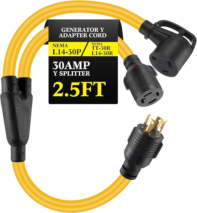 Kanayu L14-30P to TT-30R &amp L14-30R 30 Amp Generator Y Splitter Adapter Cord Compatible with NEMA Generator to EV/RV Charging and House Inlet Box 8/2+10/2 STW AWG ETL Listed 2.5 ft