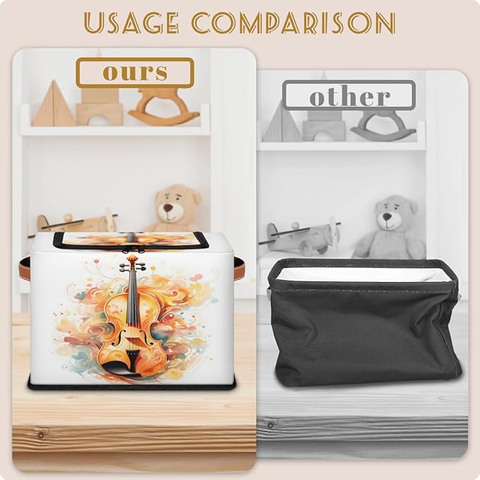 Music Violin Storage Box with Lid Watercolor Instrument Collapsible Storage Bins Baskets Cubes Closet Shelf Clothes Organizer Containers with PU Leather Handles