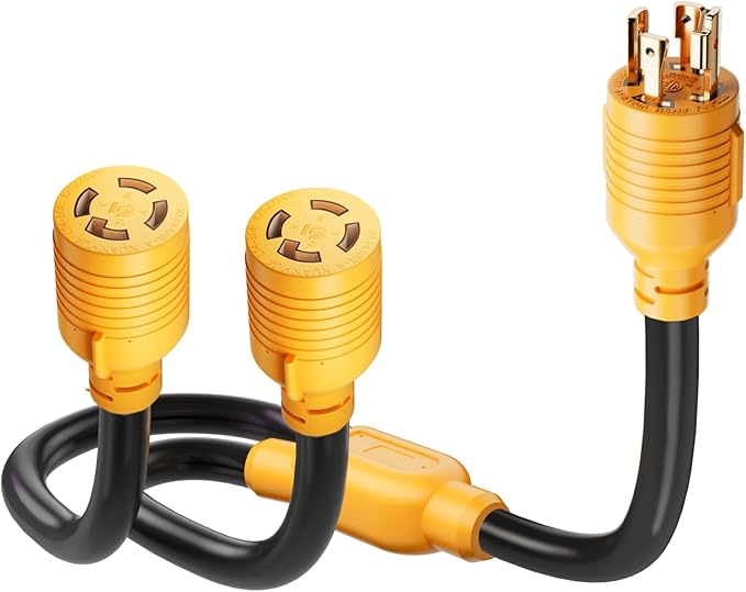 MECMO 4 Prong 30 Amp Generator Splitter Y Adapter NEMA L14-30P to 2x L14-30R 10 AWG SJTW Generator Locking Power Cord Cable 3FT for Manual Transfer Switch Portable Generators Outages 125/250V 7500W