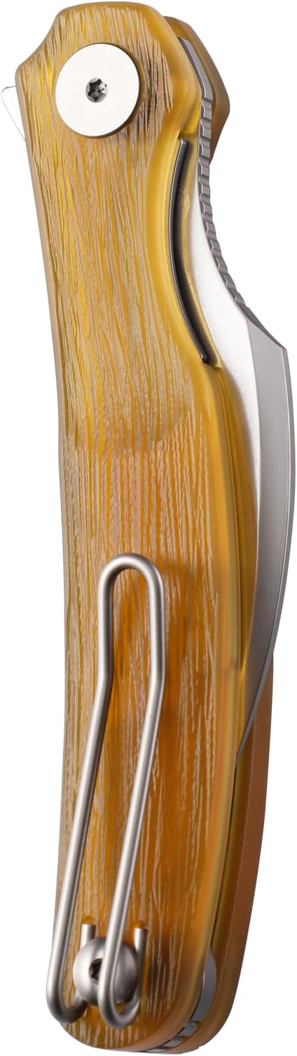 Mantis Flipper Pikal Knife2.52 ELMAX Blade Folding KnifeHandmade Engraved Titanium Handle 4.2 EDC Pocket Knife (Yellow Engraved-Hyperfine Stonewashed)