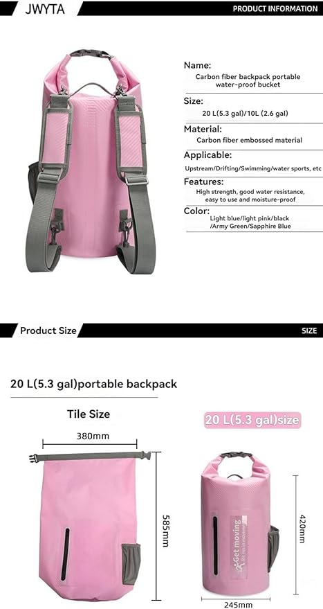 Handheld Bucket Bag Carbon Fiber Waterproof Sack for Beach Rafting Swimming Outdoor Backpacking Adventure Gear (20 L(5.3 gal))