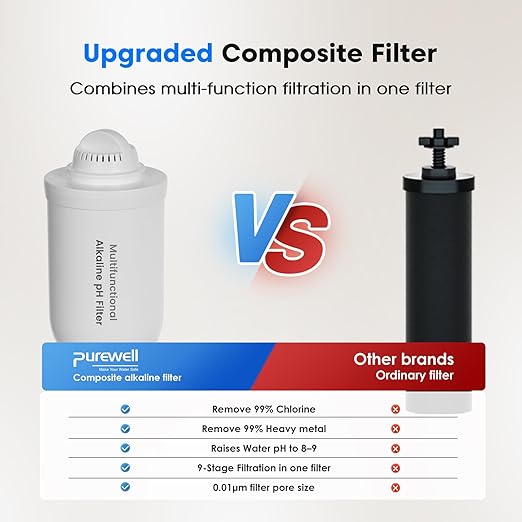 Purewell Upgraded 9-Stage Gravity Water Filter System with Water Level Window 0.01μm Ultra-Filtration Countertop System with 2 Filters and Stand pH 8-9 Reduce 99% Chlorine BO-PH-2.25G