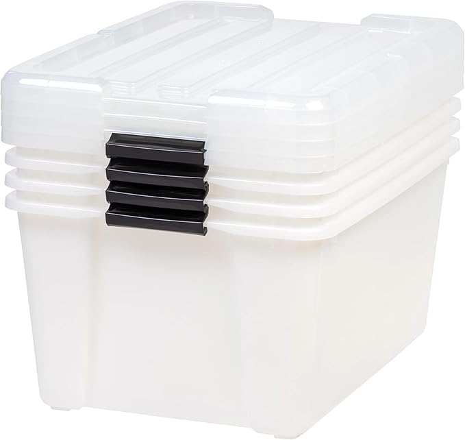 4 Pack 45 Quart Stackable Storage Bins with Lids Large Clear Plastic Containers with Secure Handles Heavy Duty Totes for Garage Pantry Holiday Decor - Space Saving