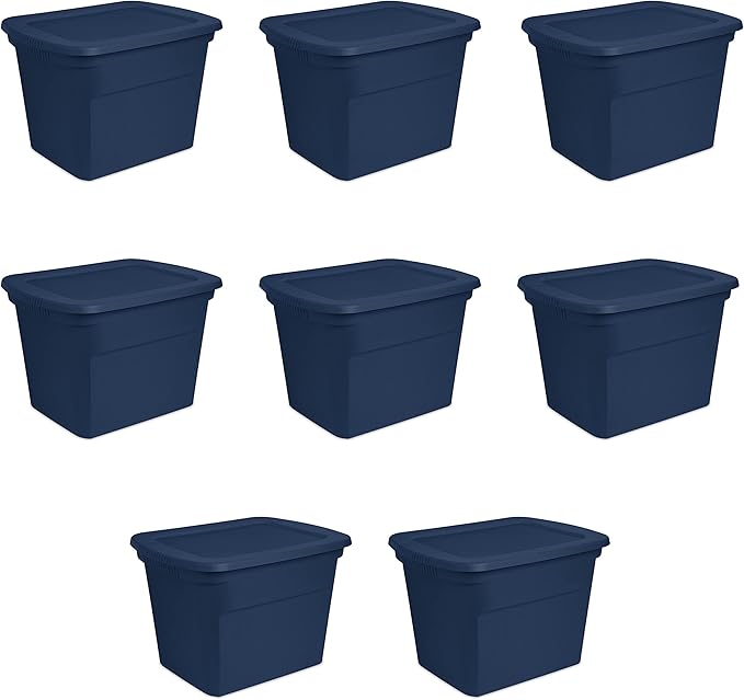 Sterilite 18 Gal Storage Tote Stackable Bin with Lid Plastic Container to Organize Clothes in Closet Basement Blue Base and Lid 8-Pack