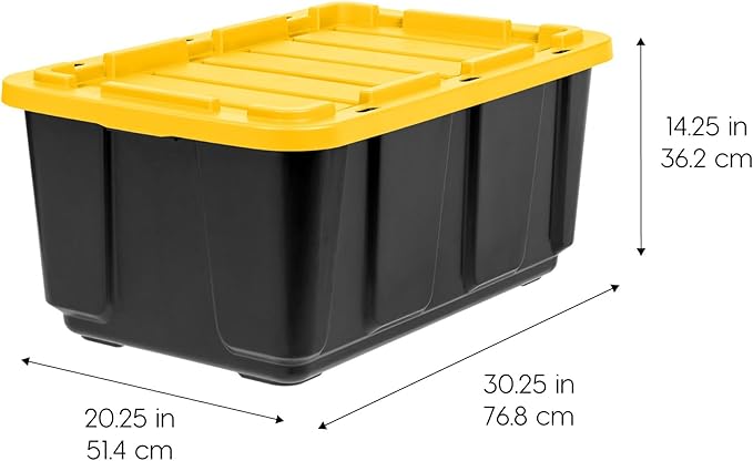 IRIS USA 8-Pack 27 Gallon Storage Bins with Lids |Made in USA| Heavy Duty Plastic Tote Containers for Truckbed Tool Box Organization Large - Black/Yellow