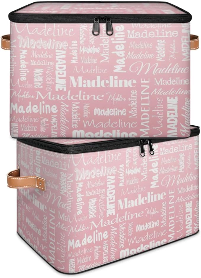 Custom Storage Basket with Name Personalized Keepsake Box with Zipper Lid Foldable Fabric Memory Bin Large capacity with Handle Pink