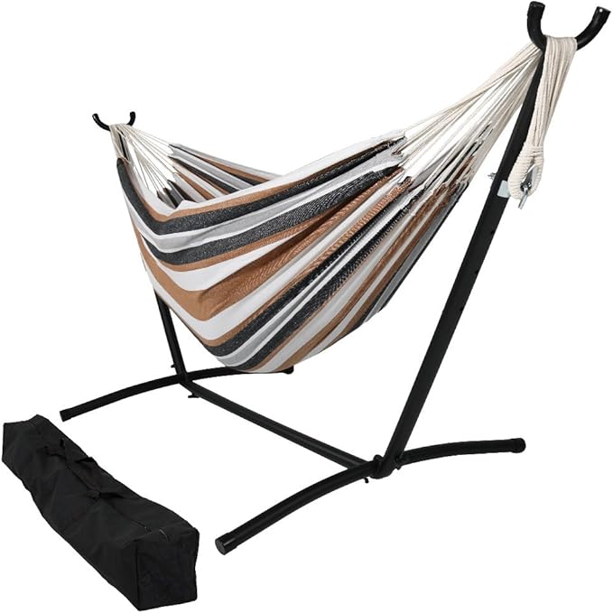 Sunnydaze Double Brazilian Hammock with Stand and Carrying Case - 400-Pound Capacity - Black Stand - Calming Desert