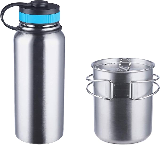 Canteen Stainless Steel Water Bottle with Nested Camping Cup and Lid for Bug Out Bag Bushcraft Gear Metal Canteen with a Wide Mouth Water Bottle and Mess Kit